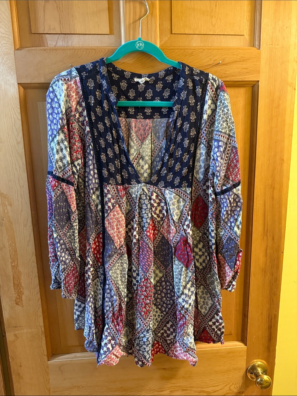 En Crene Bohemian Patchwork V-Neck Tunic Top - Navy Multi